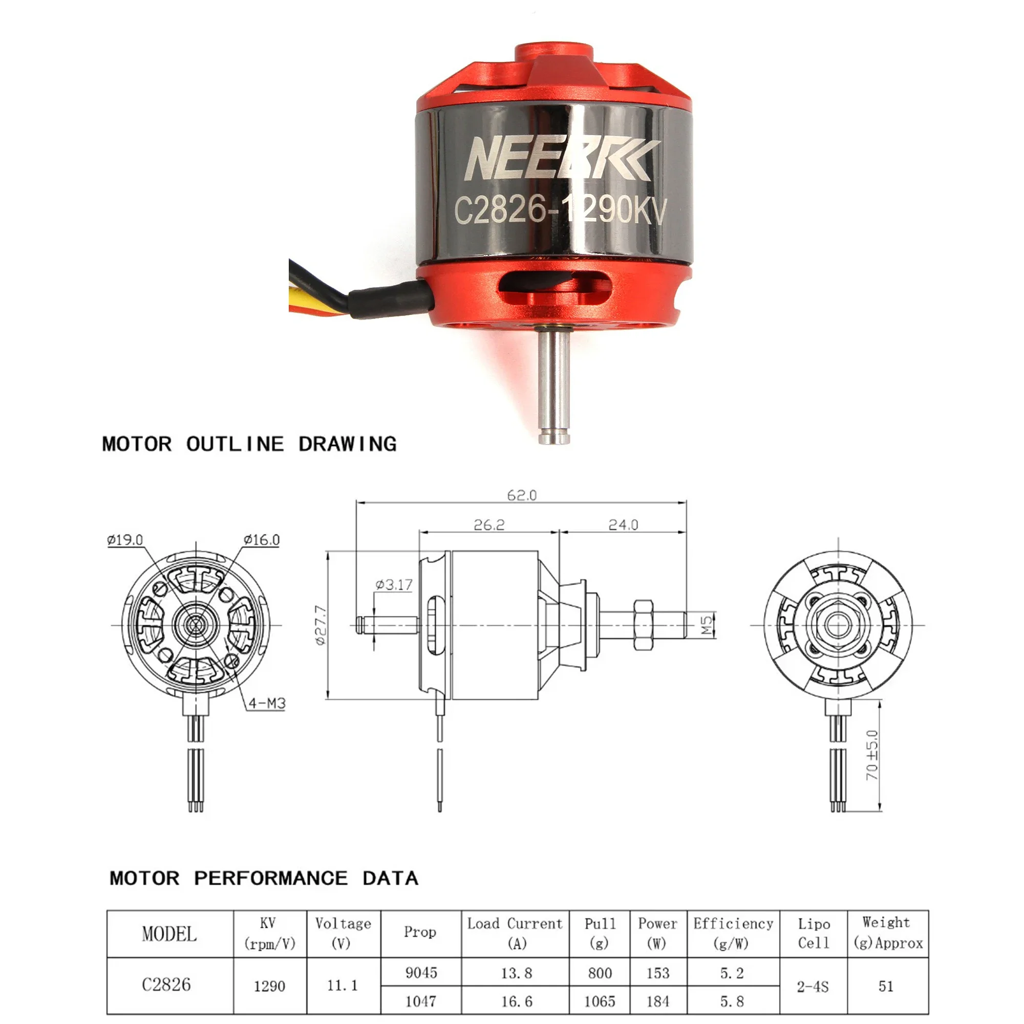 NEEBRC 2826 1290KV 2-4S Outrun - Rc Plane Hobby Zone 评论和价格